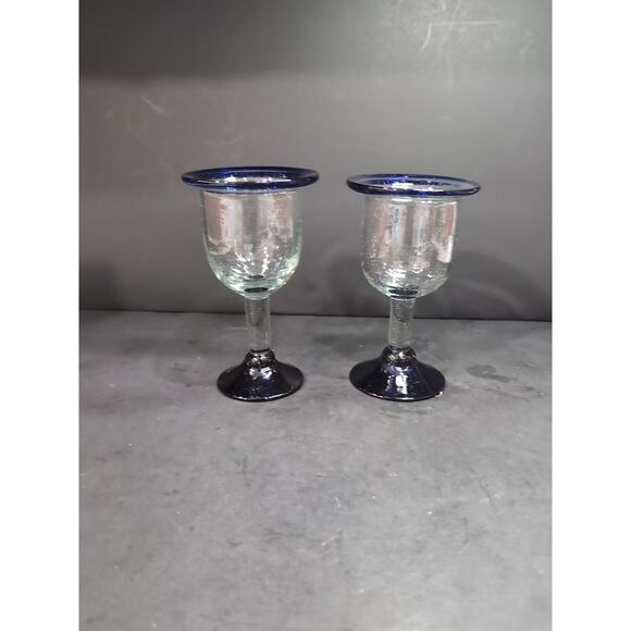 Hand Blown Glass Wine Goblets, Cobalt Blue Rim & Base, Bubbles Design, Drinkware - Picture 1 of 9